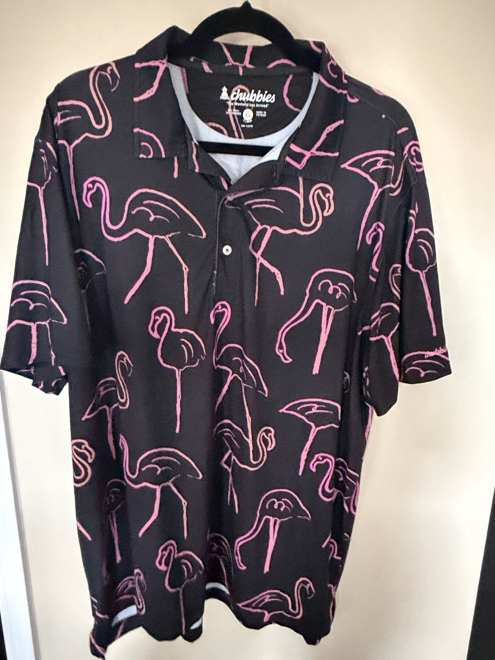Chubbies Black Polo with Pink Flamingo Outline Print